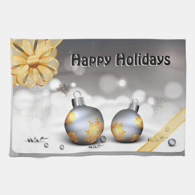 Grey Silver Gold Holiday Baubles Tea Towel (Horizontal)