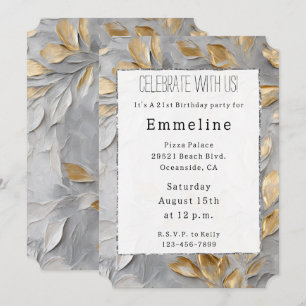 Grey Silver Gold Leaves Invitation