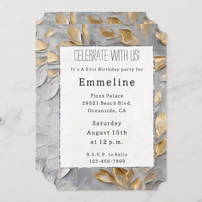 Grey Silver Gold Leaves Invitation (Front/Back)