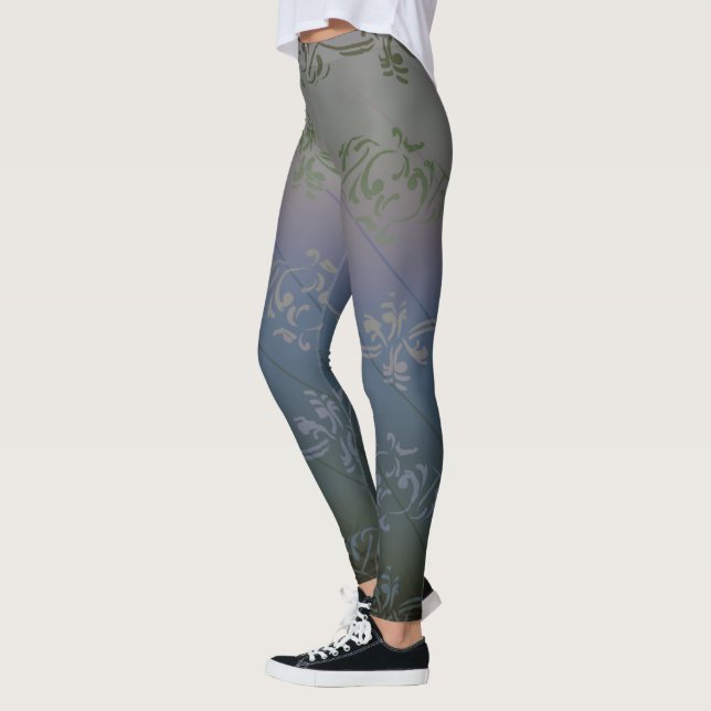 Grey Silver Gradient Striped Floral Leaf Pattern Leggings (Left)
