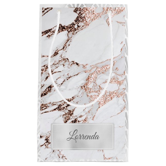 Grey Silver Grey Marble Art Deco Rose Copper Lux Small Gift Bag (Front)