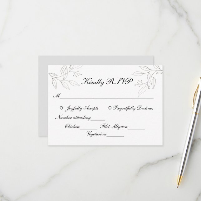 Grey Silver Leaves Minimalist Wedding Entrees RSVP Card (Front/Back In Situ)
