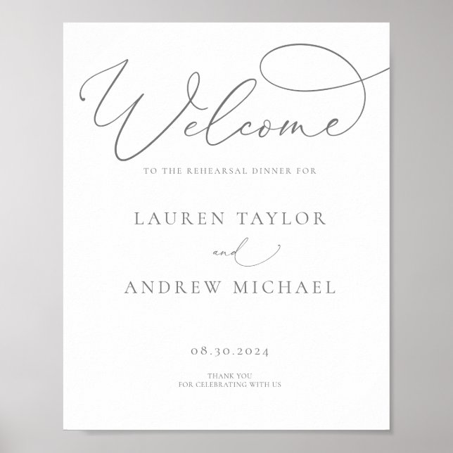 Grey Silver Minimalist Rehearsal Dinner Sign (Front)