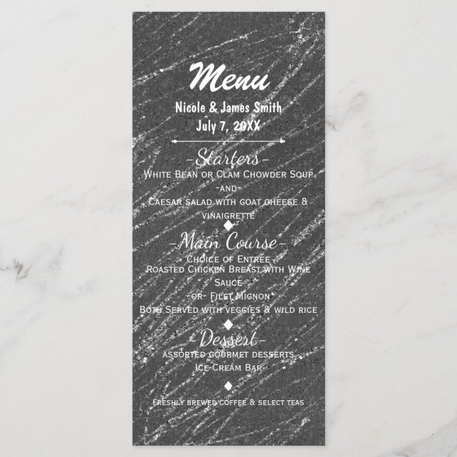 Grey & Silver Modern Glam Marble Stripe Party Menu (Front)