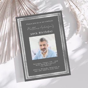 Grey silver photo birthday invitation