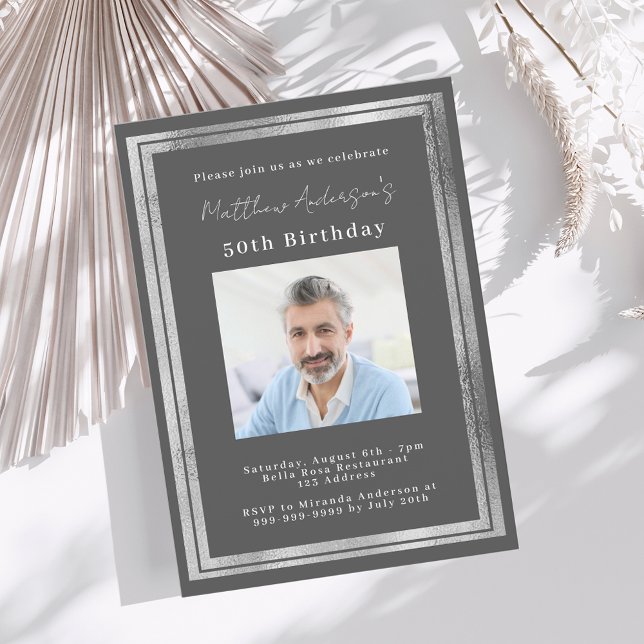 Grey silver photo birthday invitation (Creator Uploaded)
