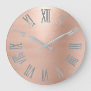 Grey Silver Pink Rose Gold Metallic Roman Numer Large Clock