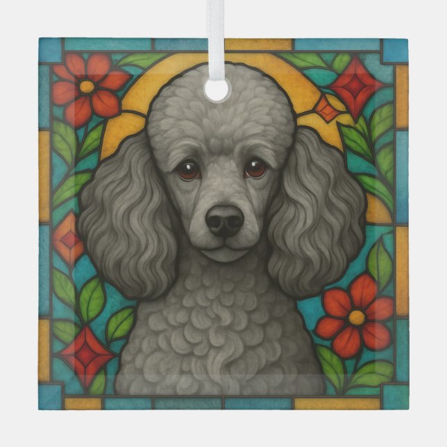 Grey/Silver Poodle Dog "Stained Glass"  Glass Tree Decoration (Front)