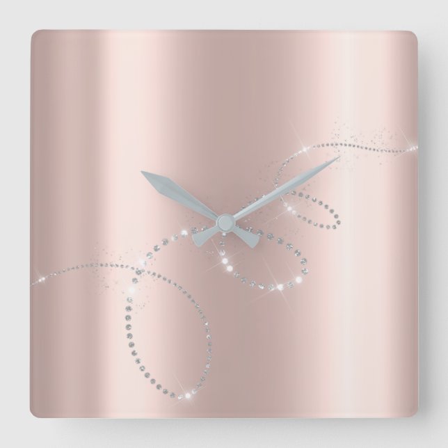Grey Silver Rose Pastel Crystals Infinity Diamonds Square Wall Clock (Front)