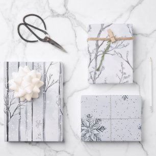 Grey Silver Snowflake Trees Christmas Wrapping Paper Sheet