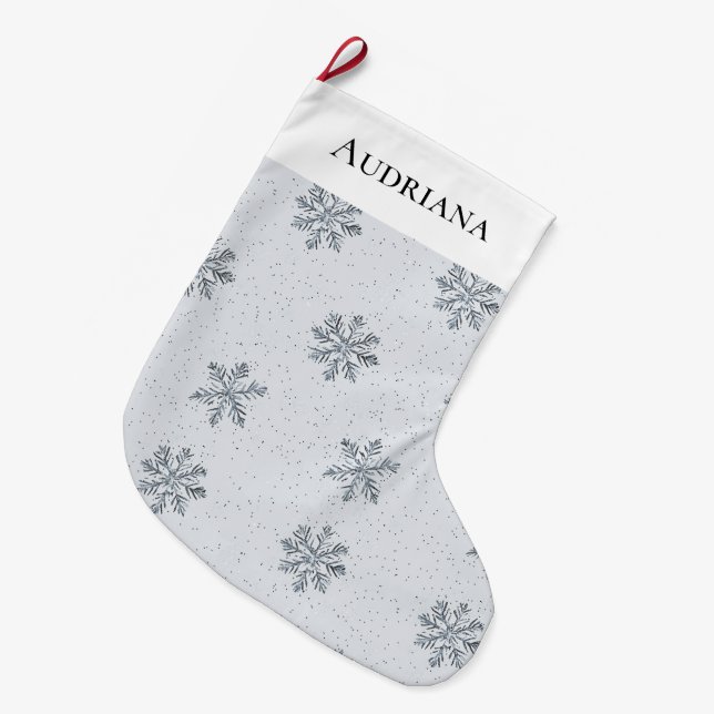 Grey Silver Snowflakes Christmas Large Christmas Stocking (Front (Hanging))