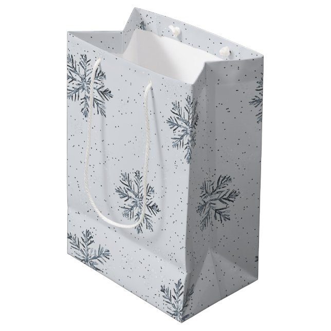 Grey Silver Snowflakes Christmas Medium Gift Bag (Front Angled)
