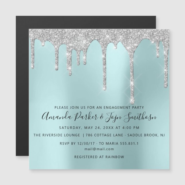 Grey Silver Spark Drips Bridal Wedding Aqua Magnetic Invitation (Front/Back)