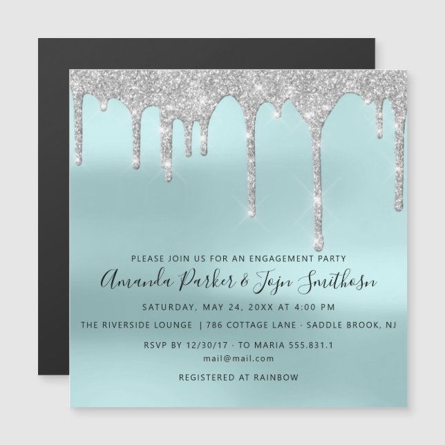 Grey Silver Spark Drips Bridal Wedding Blue  Magnetic Invitation (Front/Back)