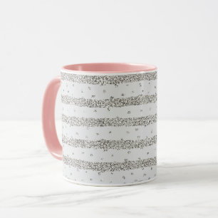 Grey Silver Sparkly Confetti Stripes Mug