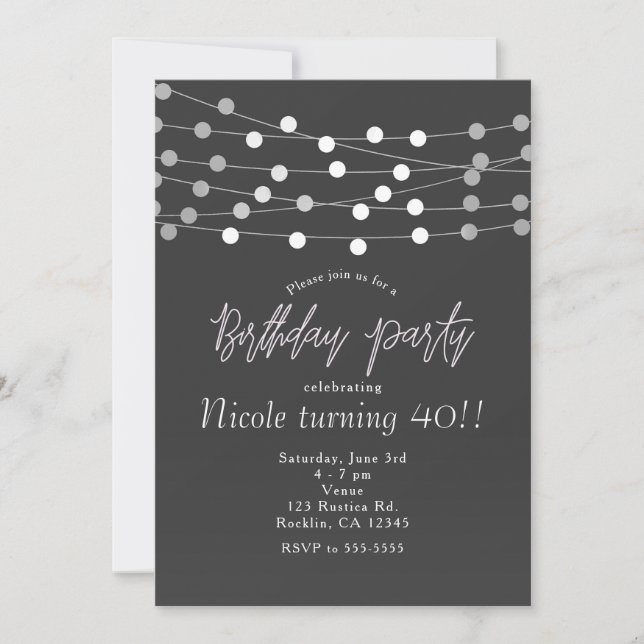 Grey Silver String Lights Modern Birthday Party Invitation (Front)