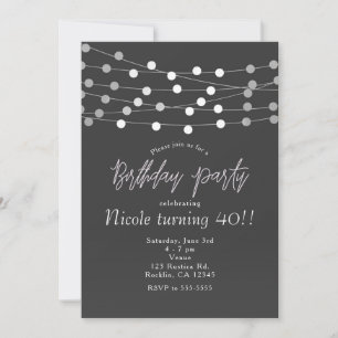 Grey Silver String Lights Modern Birthday Party Invitation