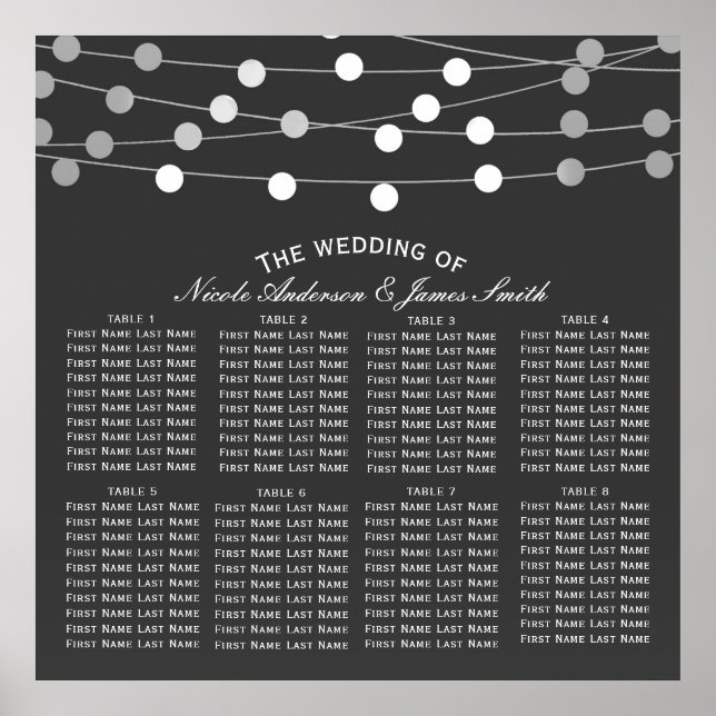 Grey Silver String Lights Modern Wedding Seating Poster (Front)