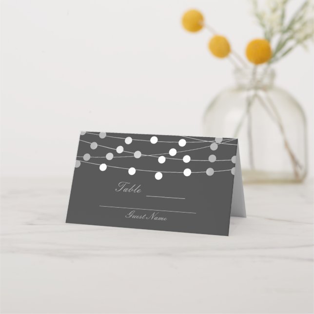 Grey Silver String Lights Modern Wedding Table Place Card (Back)