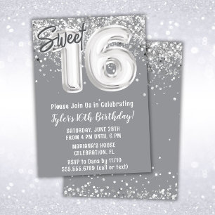 Grey Silver Sweet 16th Birthday Party Invitation