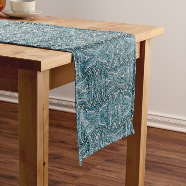 grey silver turquoise teal blue bohemian medium table runner (In Situ)