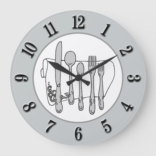 Grey Silverware White Napkin Black Number on Grey Large Clock (Front)