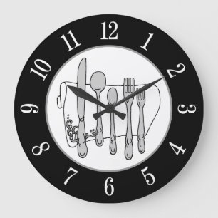 Grey Silverware White Napkin White Number on Black Large Clock