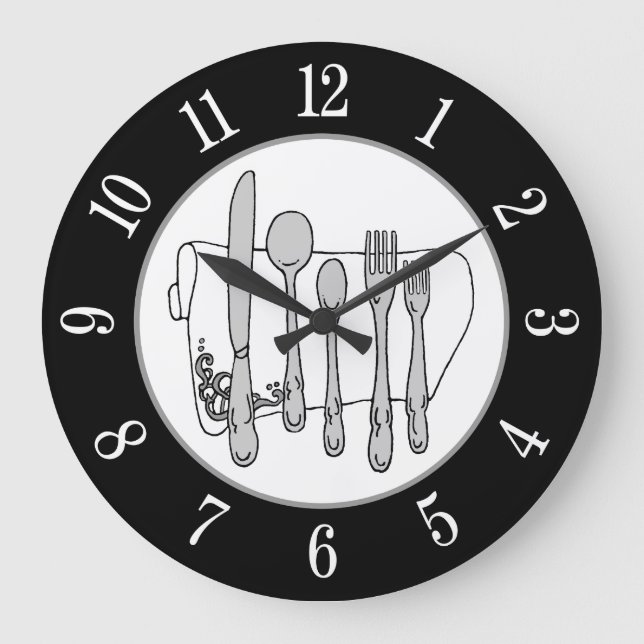 Grey Silverware White Napkin White Number on Black Large Clock (Front)