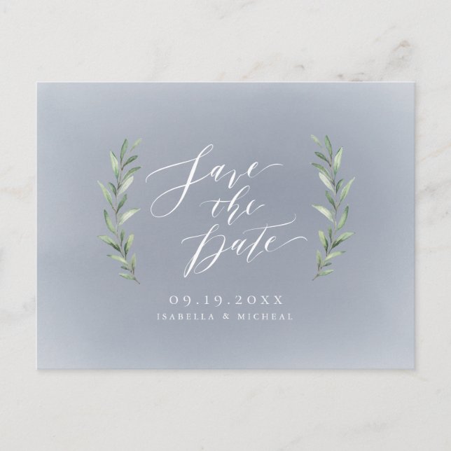 Grey simple calligraphy rustic greenery wedding announcement postcard (Front)