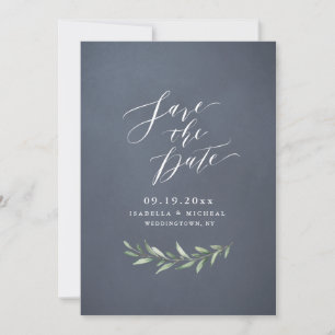 Grey simple calligraphy rustic greenery wedding save the date