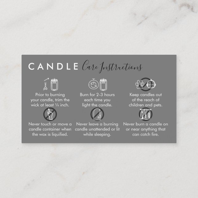 Grey Simple Candle Care Instructions Business Card (Back)