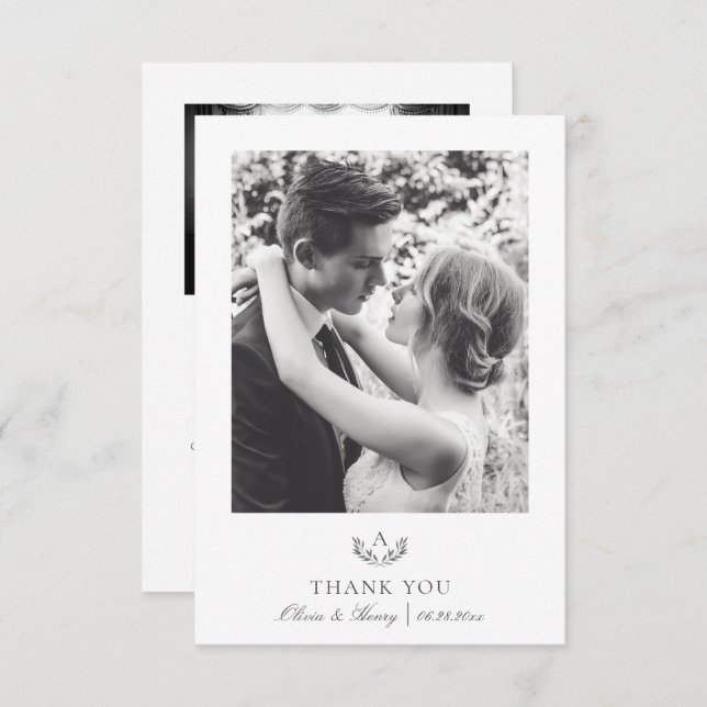 Grey Simple Elegant Monogram Wedding 2 Photo Thank You Card (Front/Back)