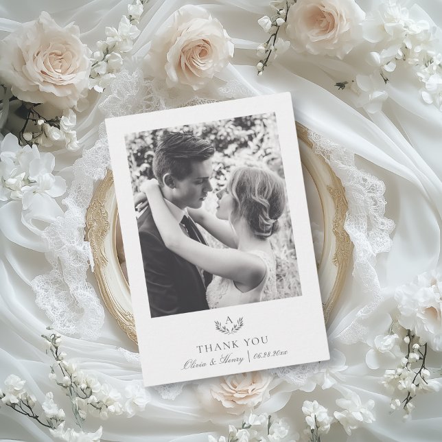 Grey Simple Elegant Monogram Wedding Photo Thank You Card (Elegant thank you card embellished with monogram in silver and a vintage calligraphy script font.)