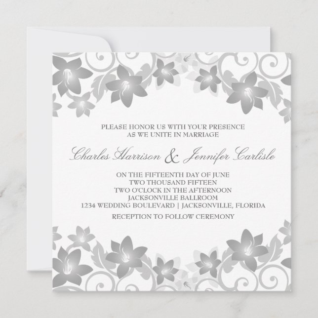 Grey Simple Floral Wedding Invite (Front)