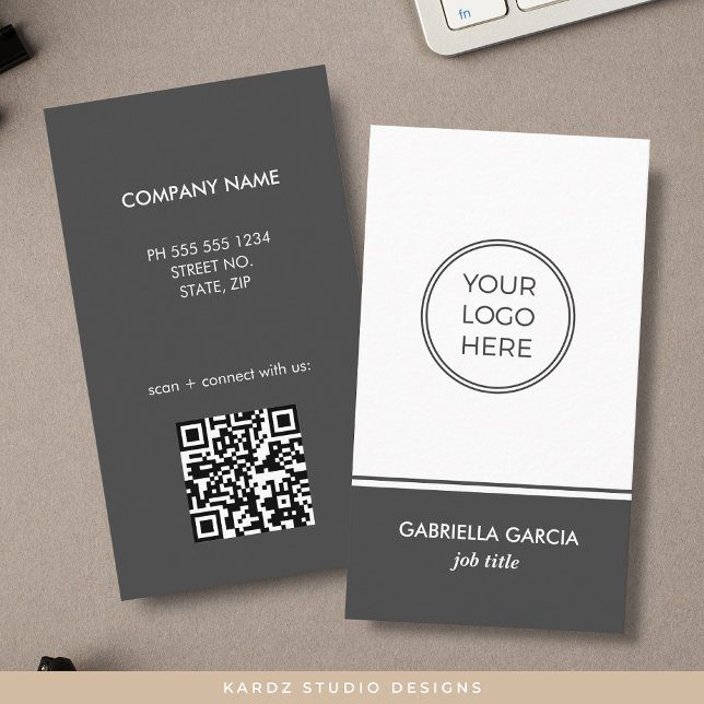 Grey Simple Generic Logo QR Code Business Card (Front and back of gray business cards shown in 3.5 x 2 in. Personalize with logo, qr code + info.)