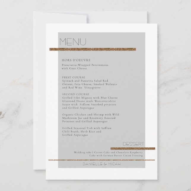 Grey Simple Geometric Modern Muted Gold White Menu Invitation (Front)