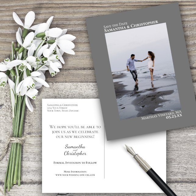 Grey Simple Minimalist Wedding Photo Save The Date Announcement Postcard (Creator Uploaded)