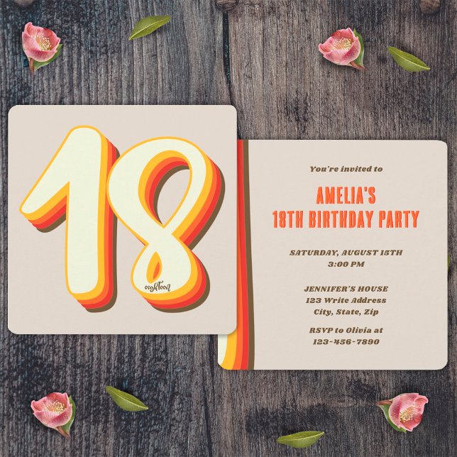 Grey Simple Modern Retro Groovy 18th Birthday Invitation (Front and Back)