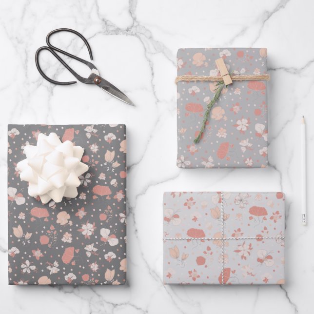 Grey Sketched Flowers Wrapping Paper Sheet (Front)