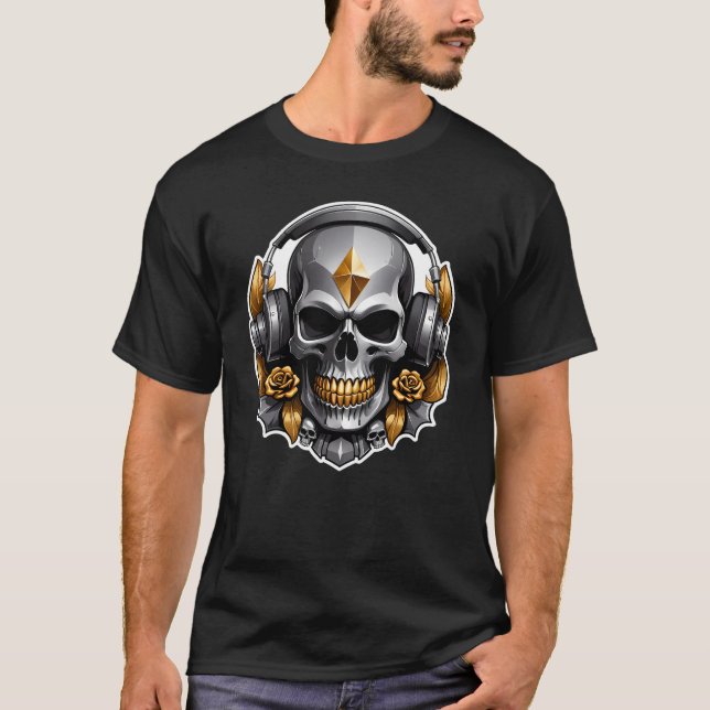 Grey Skull Gold Flowers with Headphones T-Shirt (Front)
