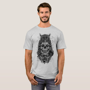 Grey Skull Owl Tattoo Rose T-Shirt