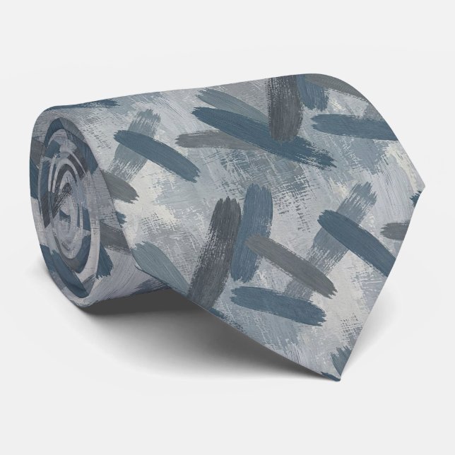 Grey Slate Blue Abstract Brush Strokes Ocean Colou Tie (Rolled)