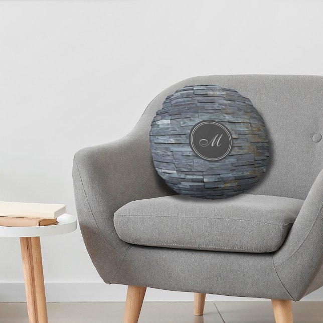 Grey Slate Monogram Round Cushion (Creator Uploaded)