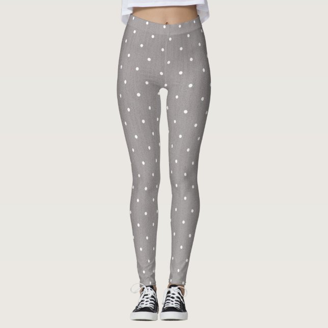 Grey & Small White Polka Dots Chic Lounge or Gym Leggings (Front)