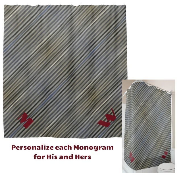 Grey Smokey Monochromatic Stripes Monogrammed Shower Curtain (Creator Uploaded)