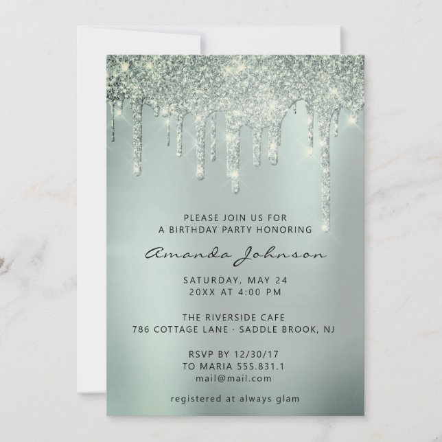 Grey Smoky Mint Glitter Effect Drip Birthday Invitation (Front)