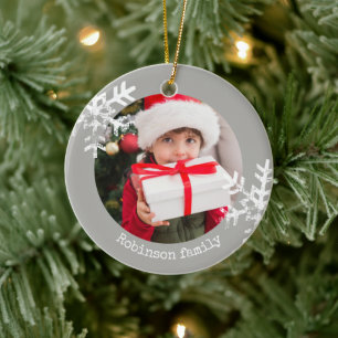 Grey Snowflake Family Photo Ceramic Tree Decoration