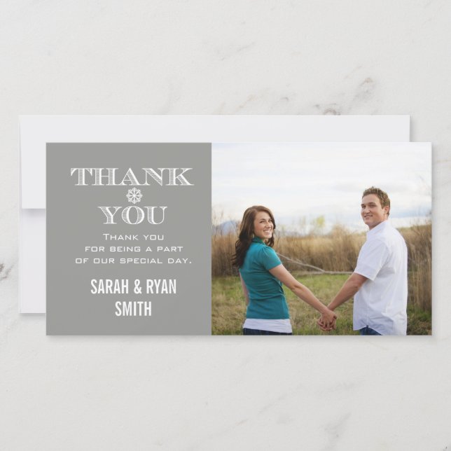 Grey Snowflake Wedding Photo Thank You Cards (Front)