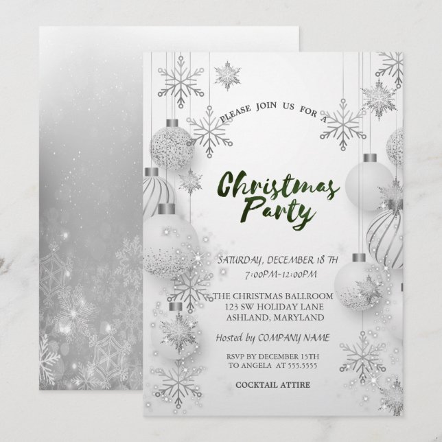 Grey Snowflakes,Balls Christmas Company Party  Invitation (Front/Back)