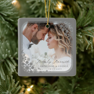 Grey Snowflakes Frame Modern Holiday Wedding Photo Ceramic Ornament
